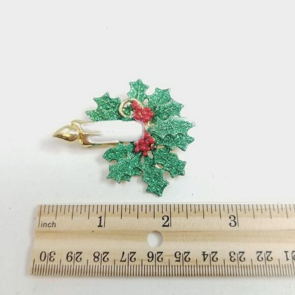 Vintage Holiday Candel with Holly Leaves Wreather, Green Red White Retro Estate - Picture 4 of 5